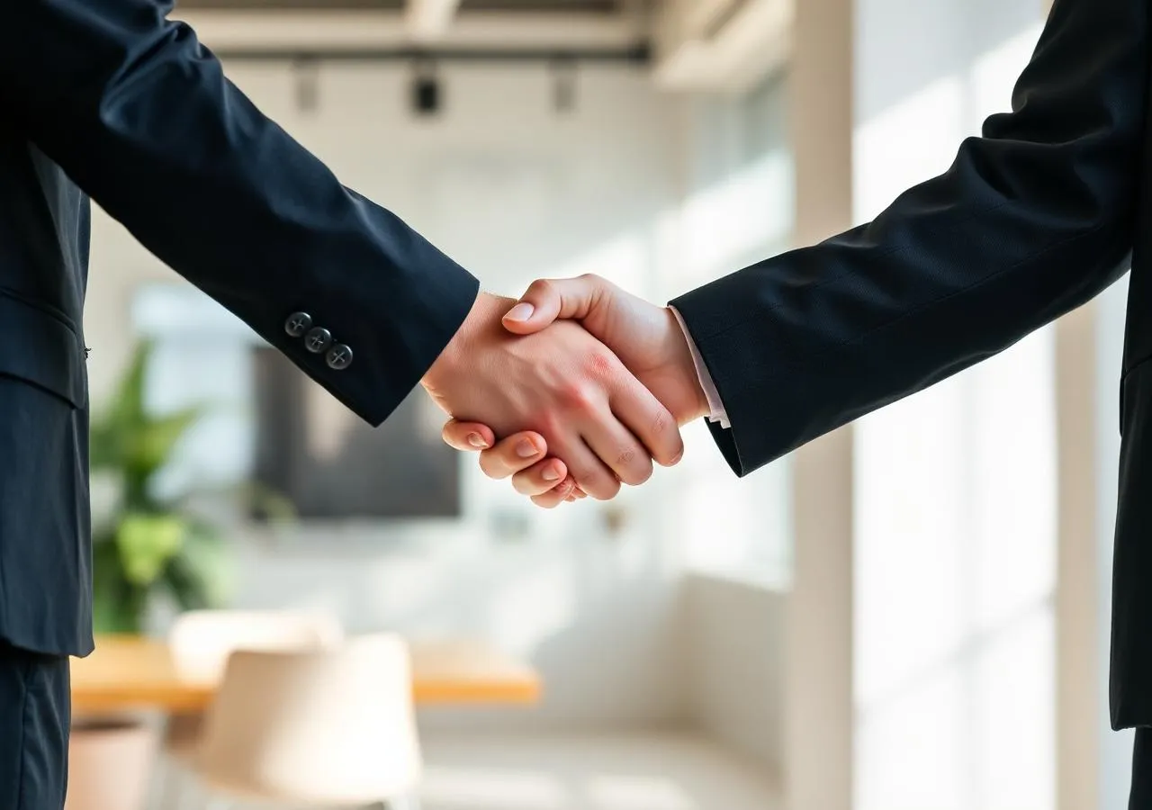 Aperto de mãos entre profissionais em ambiente corporativo