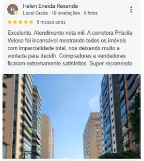 Avaliação 5 estrelas de Helen Eneida Resende no Google sobre a OCB Imobiliária: Excelente. Atendimento nota mil. A corretora Priscila Veloso foi incansável mostrando todos os imóveis com imparcialidade total, nos deixando muito à vontade para decidir. Compradores e vendedores ficaram extremamente satisfeitos. Super recomendo.